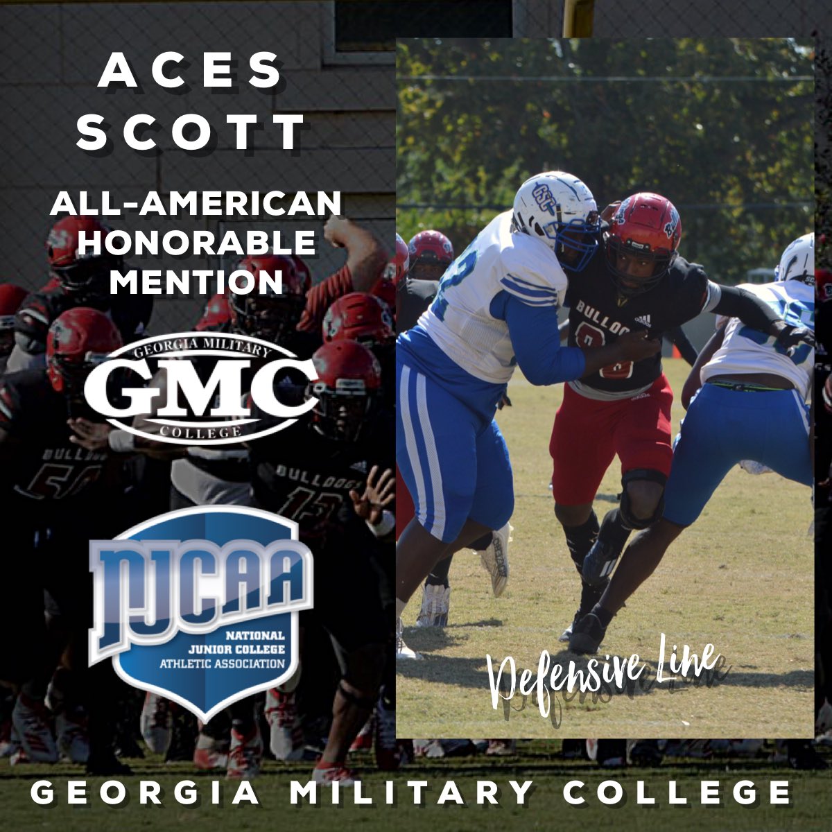 rmchester00's tweet photo. Congrats to @GMC_Football’s Aces Scott @aces_scott on being named Honorable Mention @NJCAAFootball All-American! @sportsguymarv @ConnorHines17 @GilPound8 @THEGCAA @JuCoFootballACE @JUCOFFrenzy @jucoweekly @GMCBulldogs @OLCoachSmith @Coach_DRamsey https://t.co/8avgaaX0Fm