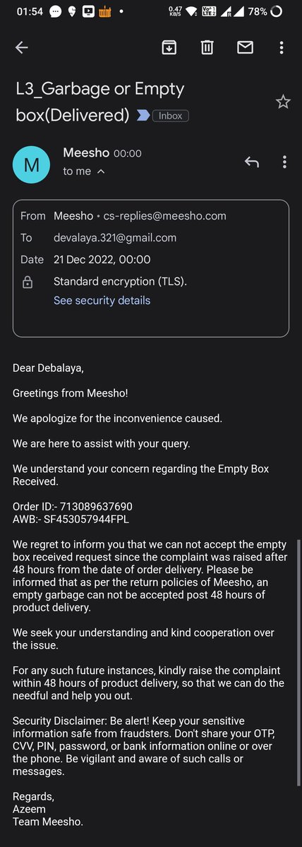 devc00l's tweet photo. @meesho_support @Meesho_Official How can you openly do scams???

I have all the proofs that within minutes of getting a garbage box, I had sent all the details with pictures but still today I am getting an email saying it cannot be resolved as complaint was raised after 48 hours. https://t.co/QMzNnGQdnx