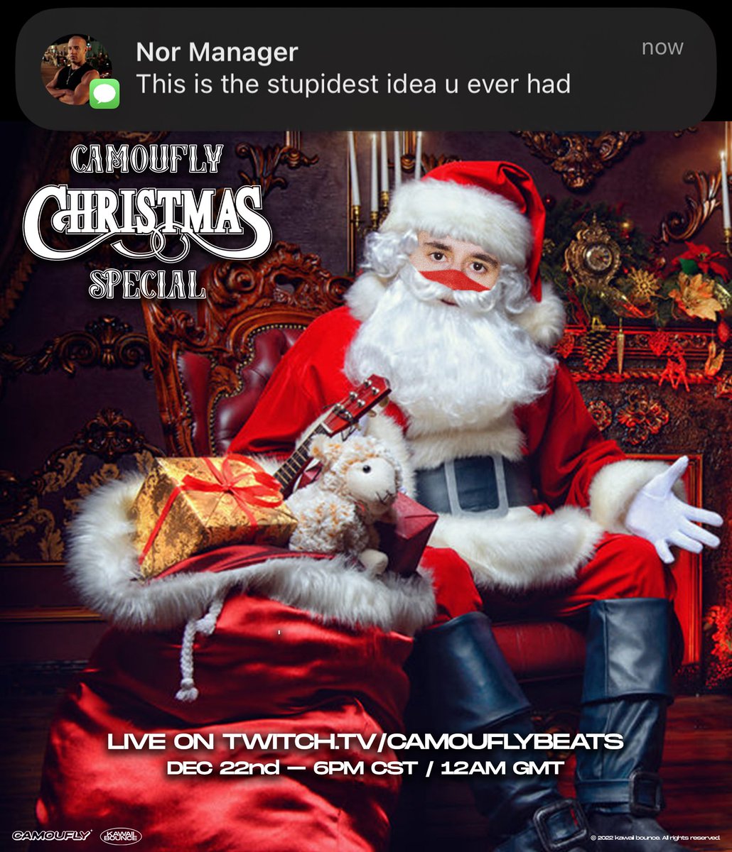 camouflybeats's tweet photo. EVERYONE
PLEASE WELCOME..

THE CAMOUFLY CHRISTMAS SPECIAL 🎄🎅 

3 HOURS OF MUSIC.
3 HOURS OF GIVEAWAYS.
3 HOURS OF random shit cause tbh I don't even know wtf I'm gonna do for 3 hours.
BUT we fuck around and find out. 👽

LIVE DEC 22nd ON MY TWITCH 💜

✨ SEE U THERE ✨ https://t.co/GXmI0kwucG