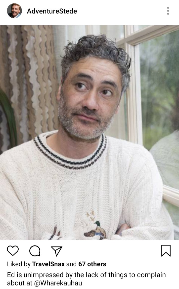 Stede's IG. Photo of Ed looking off camera. Caption reads "Ed is unimpressed by the lack of things to complain about at @Wharekauhau 