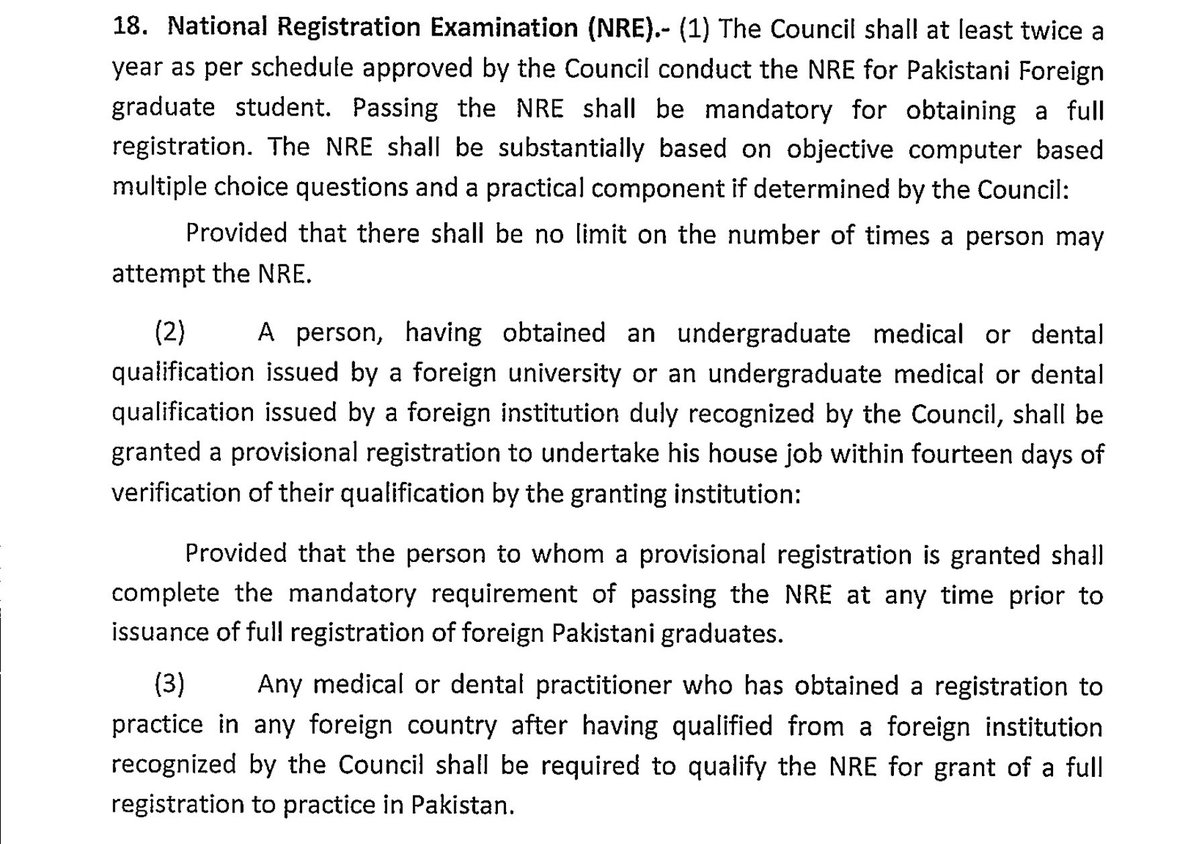 MNasirNisar's tweet photo. According pmdc act section 18/1 Conduct NRE exam fro Pakistani foreign graduate. Passing NRE mandatory for obtaining for registration
#wellbackpmdc https://t.co/aw10kIWBfV