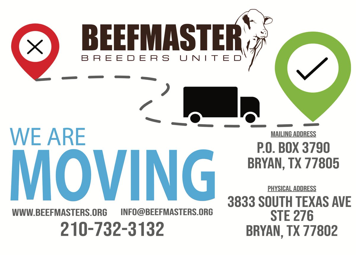 BBUCattle's tweet photo. As of Tuesday, December 20, 2022 the office will be located in Bryan, Texas. During the time period of December 20-22, 2022 our staff will be working to transition the phone service and unpacking/organizing. Our office phone number will remain the same: 210-732-3132. https://t.co/L5bV8ovDT5