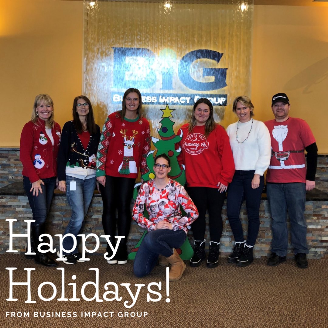 BizImpactGroup's tweet photo. Last week BIG had a blast with Spirit Week! ❄️ 

Monday - Flannel Day 
Tuesday - Favorite Sports Team Day
Wednesday - BIG Apparel Day
Thursday - Christmas Sweater Day 

Thank you to all those who participated! #spiritweek https://t.co/gxn4877YK2