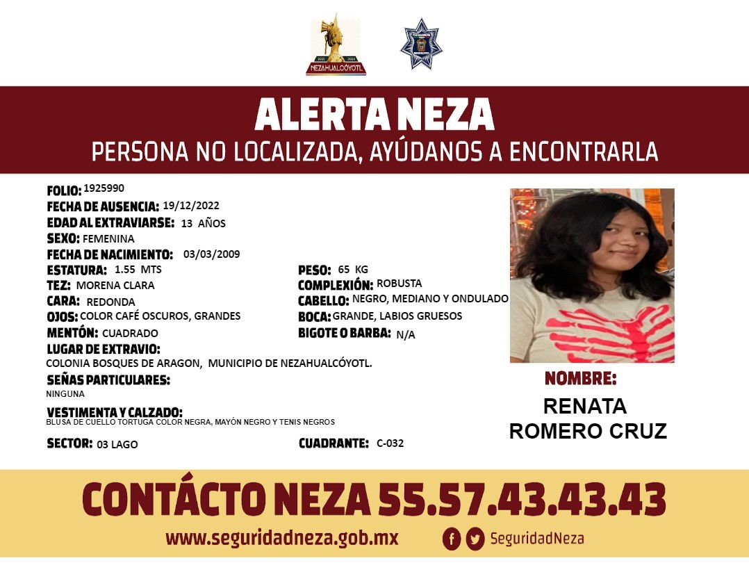 889Noticias's tweet photo. Solicitamos tu ayuda para localizar a Renata Romero Cruz, de 13 años.

Desapareció el día de ayer en la Col. Bosques de Aragón, en Nezahualcóyotl, Edomex.

Dale RT por favor. 

Mantente informado (a) en https://t.co/yC5ay0DRQp

#DFT https://t.co/DG7w7NkvQ7