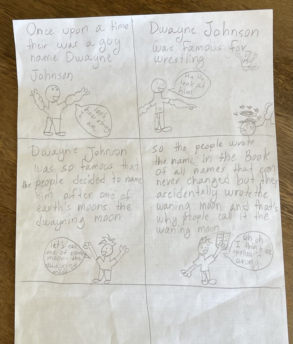TheKodali's tweet photo. My 9 year old’s story about how the term “waning moon” came to be. 😂 @TheRock https://t.co/YR2BlutUCP
