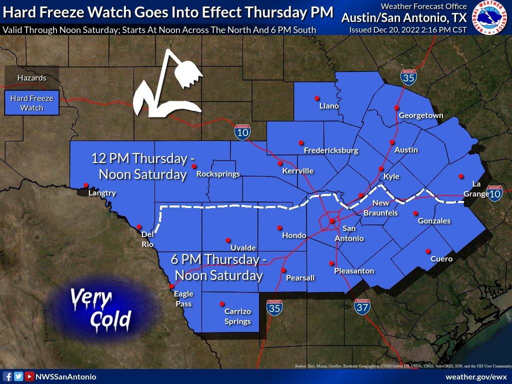 NWSSanAntonio's tweet photo. A Hard Freeze Watch and Wind Chill Watch are in effect for all of South-Central Texas Thursday afternoon through Friday/Saturday. A prolonged period of below freezing temperatures is expected for the region Thursday night through Saturday. #txwx #HardFreeze #WindChill https://t.co/85QP5sABig