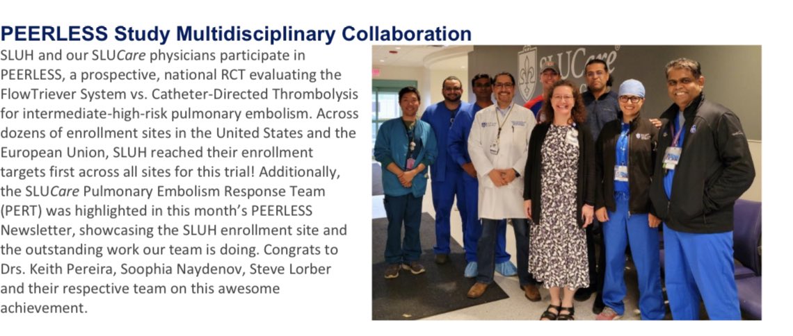 GkamelMD's tweet photo. Congratulations @SNpert and @keithppereira on an outstanding job recruiting for the #PEERLESS clinical trial  with @InariMedical at @SLUHospital! We are lucky to have an outstanding #PERT! @RaviNayakMD @MattBroomMD @raniafarhat88 @SLUPCCM @im_slu @PERTConsortium https://t.co/2xIRxgucoM