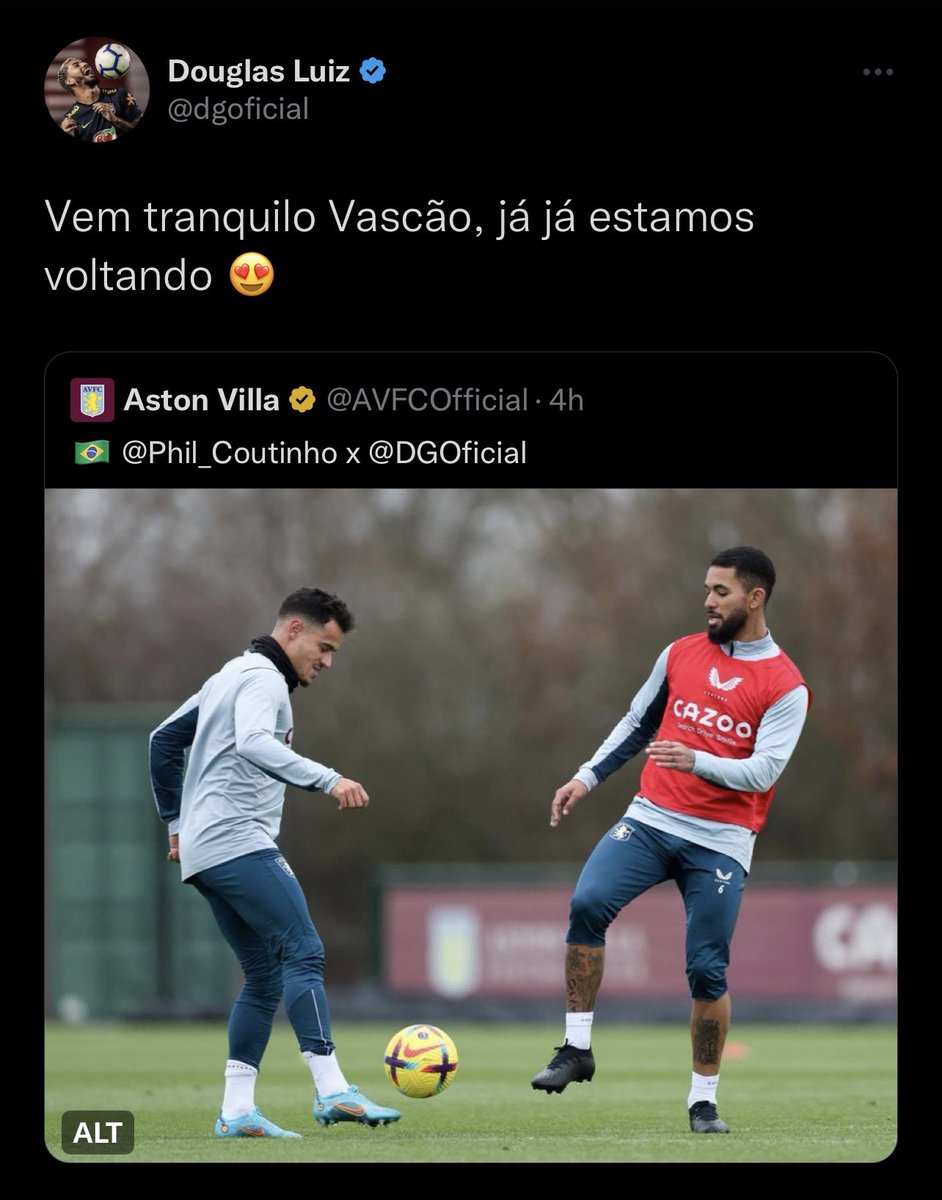 futebol_info's tweet photo. Douglas Luiz posta foto com Philippe Coutinho e diz:

“Vem tranquilo, Vascão. Já já estamos voltando.”

📸 Reprodução https://t.co/NNTY32be2D
