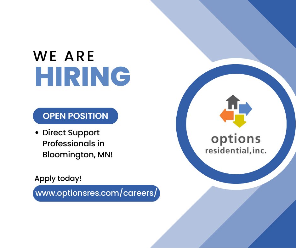 OptionsRes's tweet photo. Options Residential is looking for Direct Support Professionals for their Bloomington locations!
Learn more or apply today at https://t.co/tkYKJZ36Eu https://t.co/Fnx5ngPrFX