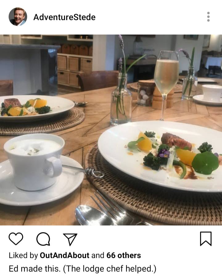 Stede's IG. Photo of coffee, fancy plated meal with some meat. Caption reads "Ed made this. (The lodge chef helped)" 