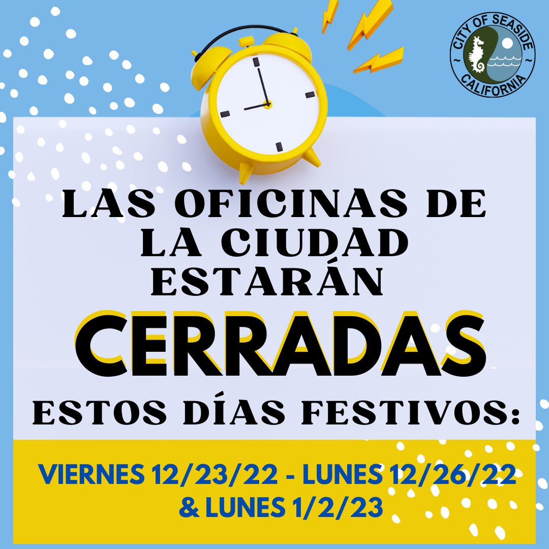 SeasideCreates's tweet photo. COMMUNITY NOTIFICATION: City offices will be closed for the holidays:
- Friday 12/23/2022 – Monday 12/26/2022
- Monday 1/2/2023 https://t.co/zOYcvB4YwX