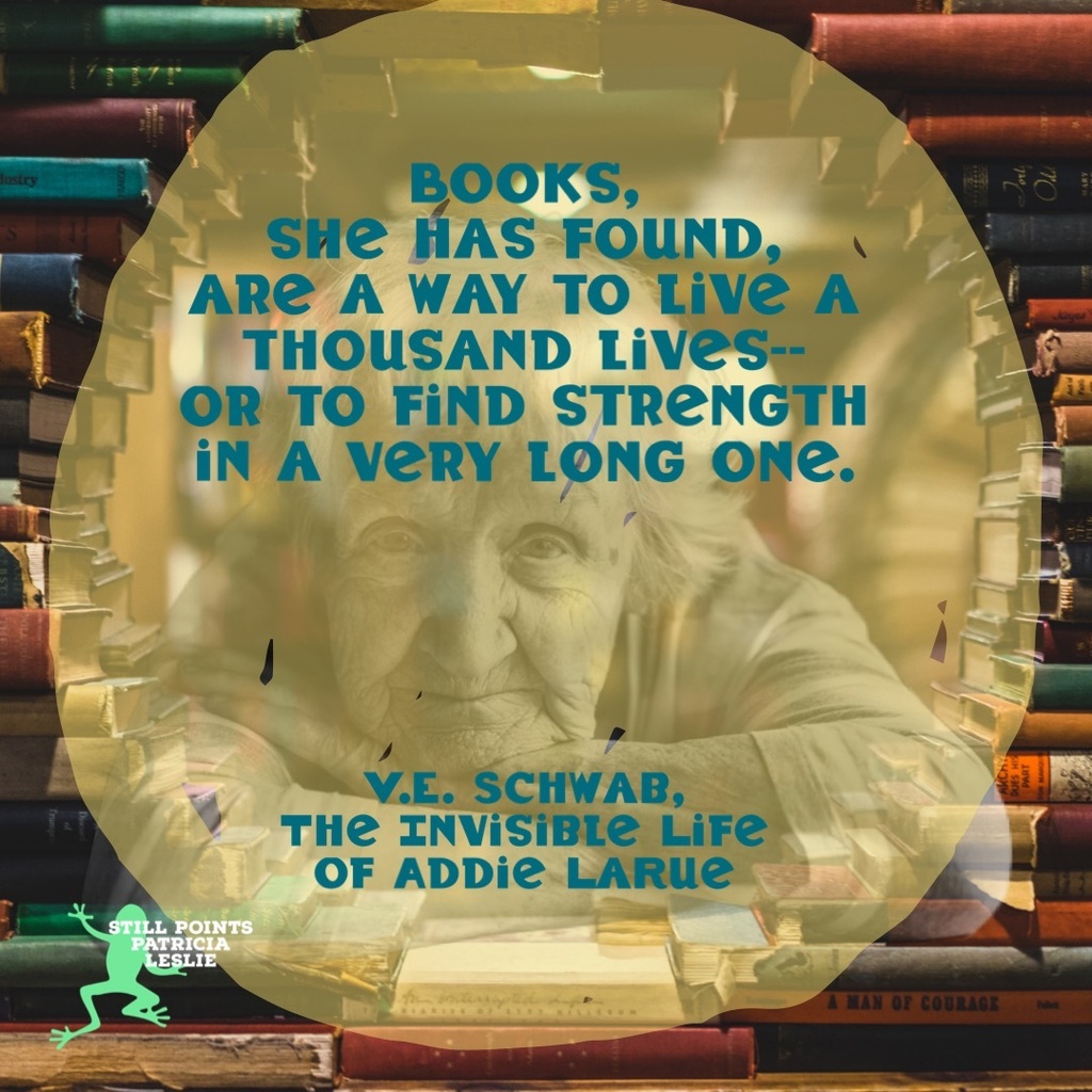PatriciaLeslieA's tweet image. #QuoteDay 

Books, 
she has found, 
are a way to live a thousand lives--
or to find strength
in a very long one.
V.E. Schwab,
The Invisible Life of Addie LaRue

#StillPoints 

image description: old woman with arms cross on table, head resting on top arm… instagr.am/p/CmZzrmVNCIF/