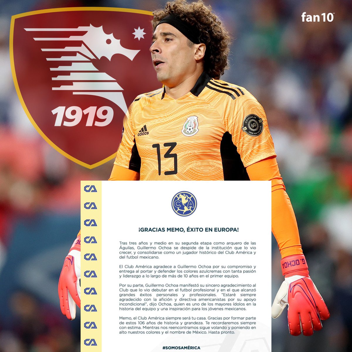 SoyFan10's tweet photo. 🚨 OFICIAL: ¡MEMO A ITALIA!

El Club América ha emitido un comunicado oficial despidiéndose de Guillermo Ochoa, deseándole suerte en su nueva etapa en Europa.

¡SALERNITANA LO ESPERA!🇲🇽🔜🇮🇹 https://t.co/MquyG8gIeE