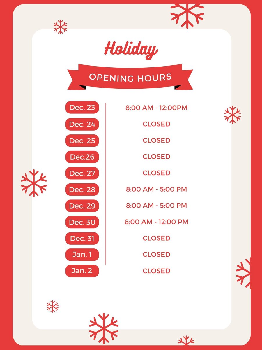 We would like to wish everyone a Merry Christmas from the staff here at Virden 🎄
Hours of operation for the holiday season listed below! 🎅🏻