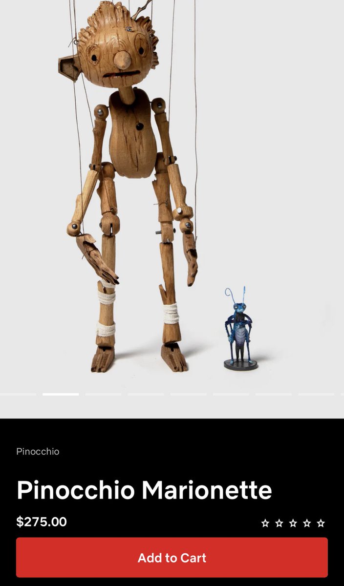 RC (@resellcalendar) on Twitter photo On December 9th, Netflix released a Pinocchio marionette (limited to 250) to commemorate the new <a href="/RealGDT/">Guillermo del Toro</a> film.
They went in stock at around 10 AM PST and didn’t sell out for almost 8 hours.
$275 —> $2,000
Great product. On December 9th, Netflix released a Pinocchio marionette (limited to 250) to commemorate the new <a href="/RealGDT/">Guillermo del Toro</a> film.
They went in stock at around 10 AM PST and didn’t sell out for almost 8 hours.
$275 —> $2,000
Great product.