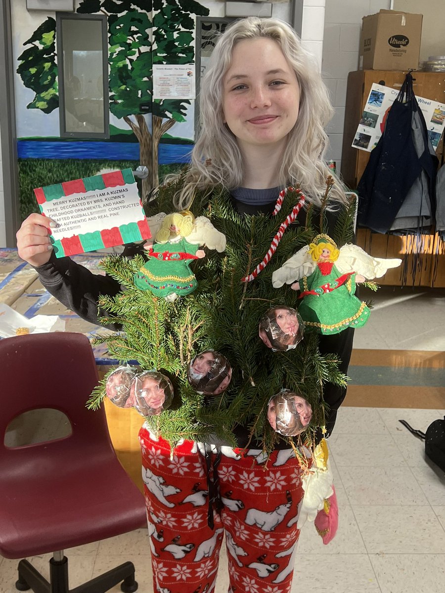 kuzminart's tweet photo. 2nd place winners in the Ugly Sweater Contest!  Applied Arts and Design 3 students Nicole Casale and Amanda Aherns won for “Twas the night before KUZMAS!” @MTPSpride @Mr_KCullen #wearemiddnorth @MTPSArts https://t.co/7MCxphfL9x