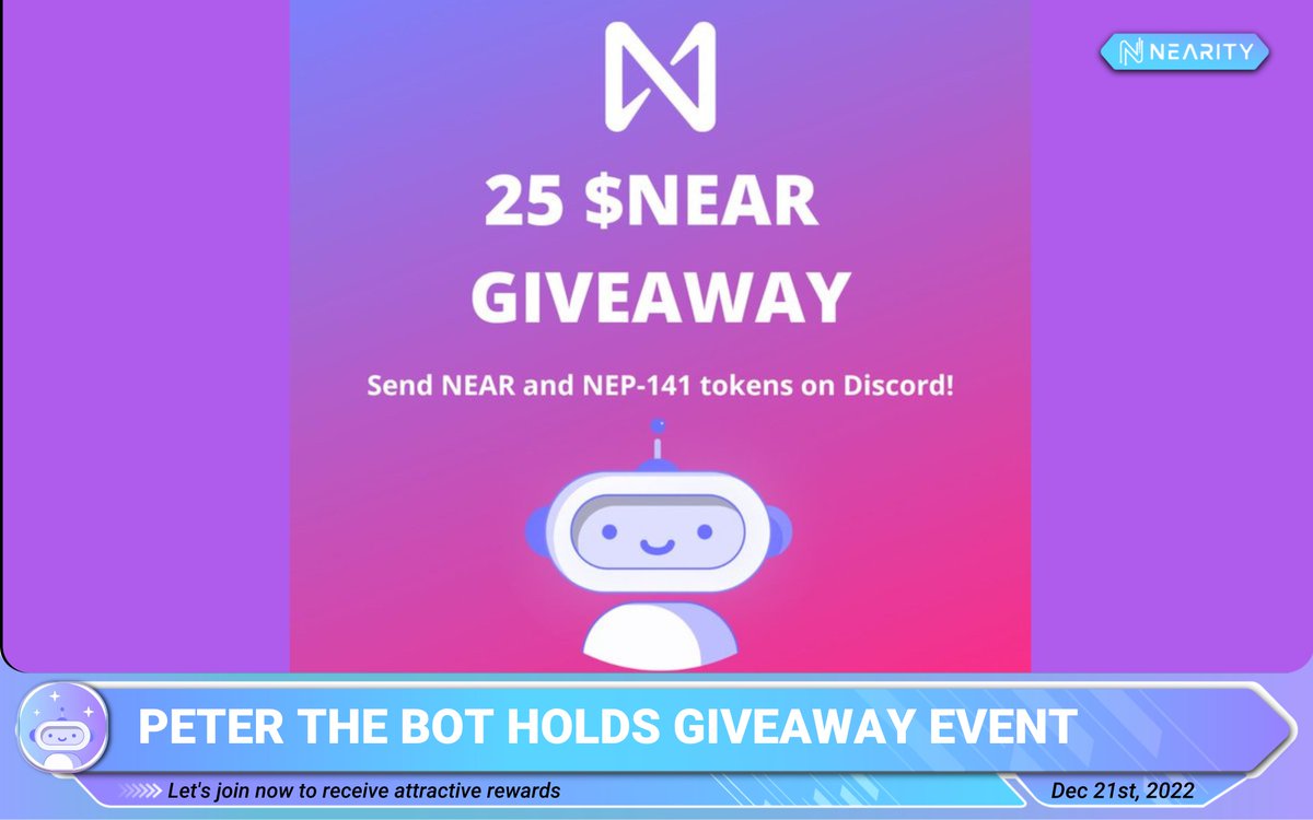 😍Peter holds a #Giveaway event

💯Peter the Bot is used to sending NEAR and NEP-141 tokens directly on the server

🎁 25 $NEAR

 💁‍♀️Rule to participate
✅Follow <a href="/Peter_the_Bot/">Peter the Bot | #NEAR</a>  
✅Like + RT

#Nearity #NEAR #NEARisNOW #NEARProtocol