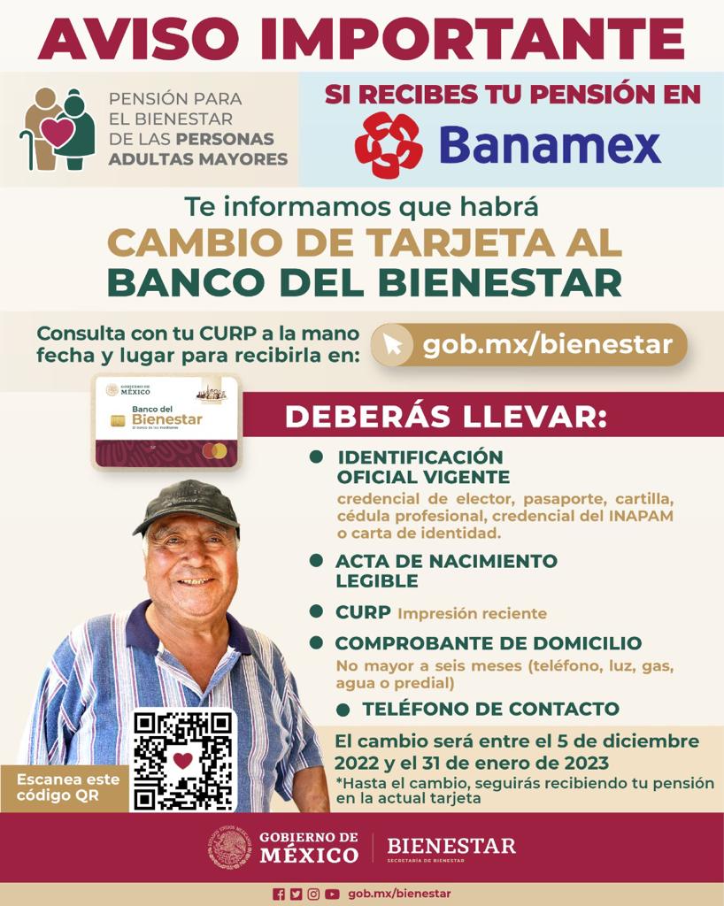 Consulta fecha y lugar para recibir tu #TarjetaBienestar del Banco del Bienestar si recibes tu #PensiónAdultoMayor en el banco BANAMEX. 👇🏾
gob.mx/bienestar
Te compartimos los documentos que debes llevar cuando la recojas.
