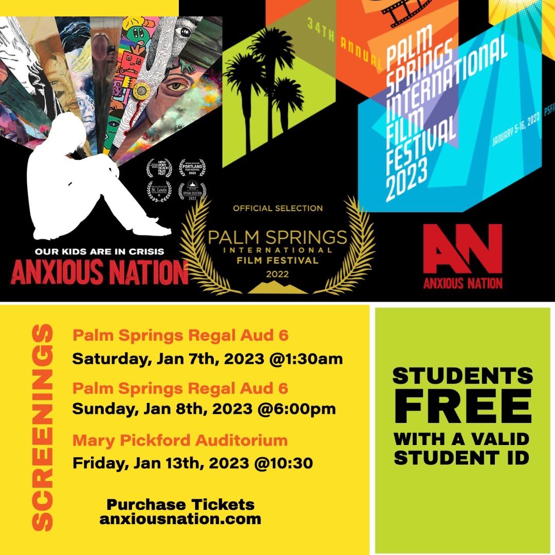 January 7, 8 &amp; 13, we invite you to experience #AnxiousNation at <a href="/PSFilmFest/">Palm Springs Film Festival</a> in Palm Springs, CA. Student admission is free! Pls visit anxiousnation.com for tickets &amp; more intel. No one is exempt from #Anxiety. ❤️