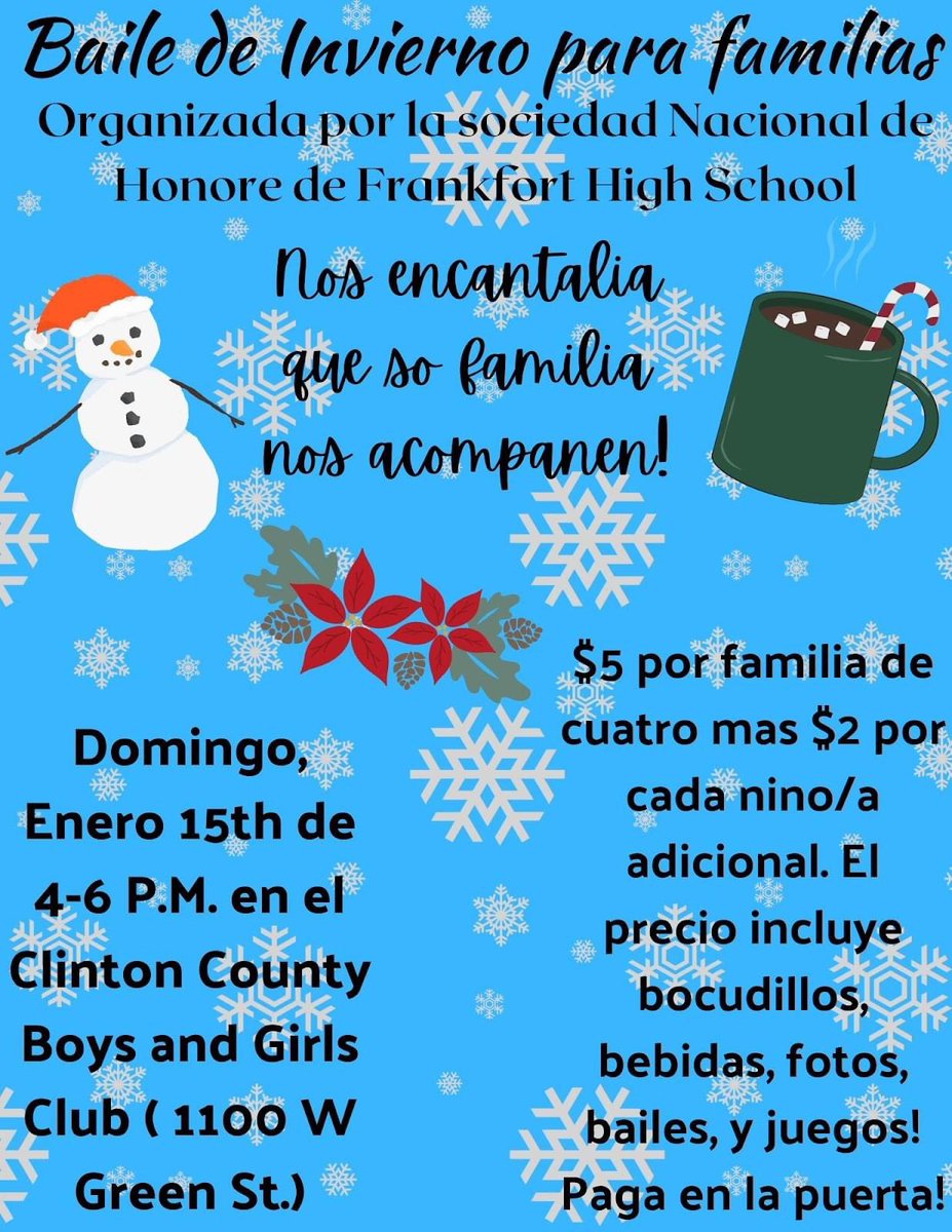 ❄️ Mark your calendars! ❄️

Winter Family Dance hosted by Frankfort High School National Honor Society! 

January 15th, from 4-6PM at the Clinton County Boys and Girls Club!