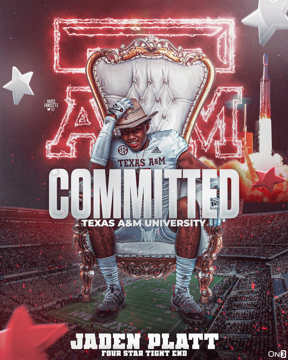 Hayesfawcett3's tweet photo. BREAKING: Four-Star TE Jaden Platt has flipped from Stanford to Texas A&amp;M!

The 6’5 235 TE from Haslet, TX had been committed to the Cardinal since last December.

He joins the Aggies’ Top 15 Class in the 2023 Team Rankings.

https://t.co/VrzoJ4EiX7 https://t.co/HFD4iQA1Ia