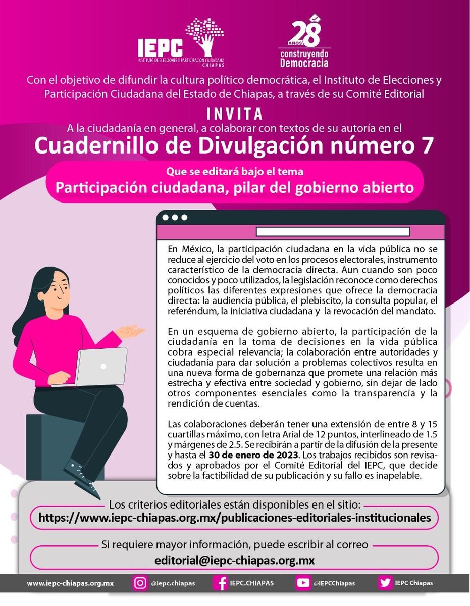 IEPCChiapas's tweet photo. 📚 | El #IEPC invita a la ciudadanía en general a colaborar con textos de su autoría en el Cuadernillo de Divulgación número 7, bajo el tema: "Participación ciudadana, pilar del gobierno abierto".

📲 Consulta los Criterios Editoriales ⤵️
https://t.co/yyqEXjG8Fd https://t.co/SUOikUnWIO