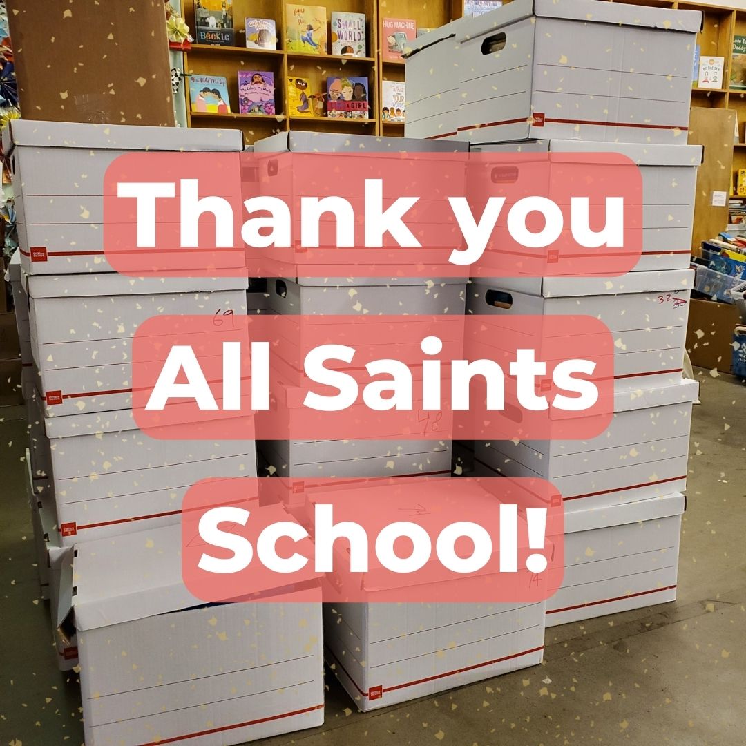All Saints School dropped off over 30 boxes full of beautiful children's books from their school book drive! Thank you to all the teachers, administrators, parents, and kiddos for making this possible!