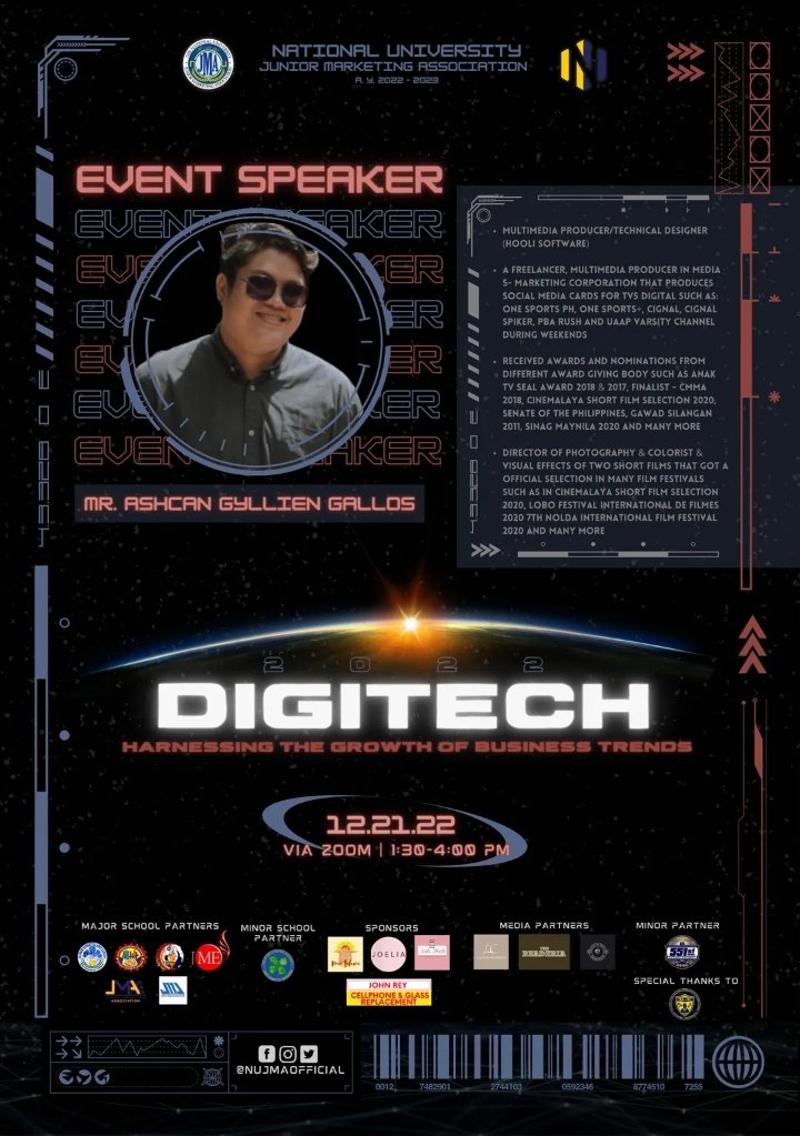 NUJMAOFFICIAL's tweet photo. Let us evolve together with the business trends as we hear an enlightening speech from our amazing, experienced, and inspiring speakers, Mr. Ashcan Gyllien Gallos, and Mr. Rafael Adiao!

#DIGITECH2022 
#IntensifyingExcellence 
#NUJMANovous https://t.co/F2CdXeJuGb