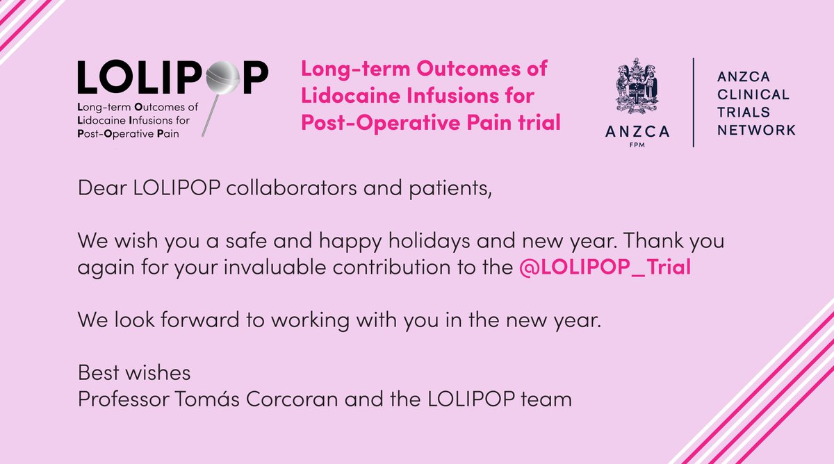 @LOLIPOP_Trial (@lolipoptrial) on Twitter photo To all our LOLIPOP collaborators and patients, we wish you a safe and happy festive season and new year! Thank you again for your contribution to the LOLIPOP trial. We look forward to working with you in 2023!
<a href="/Tomundoc/">Tomas Corcoran</a> <a href="/ANZCA/">ANZCA</a> <a href="/ctn_anzca/">ANZCA Clinical Trials Network</a> <a href="/hird_natalie/">Natalie Hird</a> <a href="/PaigeDruce/">Paige Druce</a> <a href="/gillyormo/">Gillyormo</a> To all our LOLIPOP collaborators and patients, we wish you a safe and happy festive season and new year! Thank you again for your contribution to the LOLIPOP trial. We look forward to working with you in 2023!
<a href="/Tomundoc/">Tomas Corcoran</a> <a href="/ANZCA/">ANZCA</a> <a href="/ctn_anzca/">ANZCA Clinical Trials Network</a> <a href="/hird_natalie/">Natalie Hird</a> <a href="/PaigeDruce/">Paige Druce</a> <a href="/gillyormo/">Gillyormo</a>