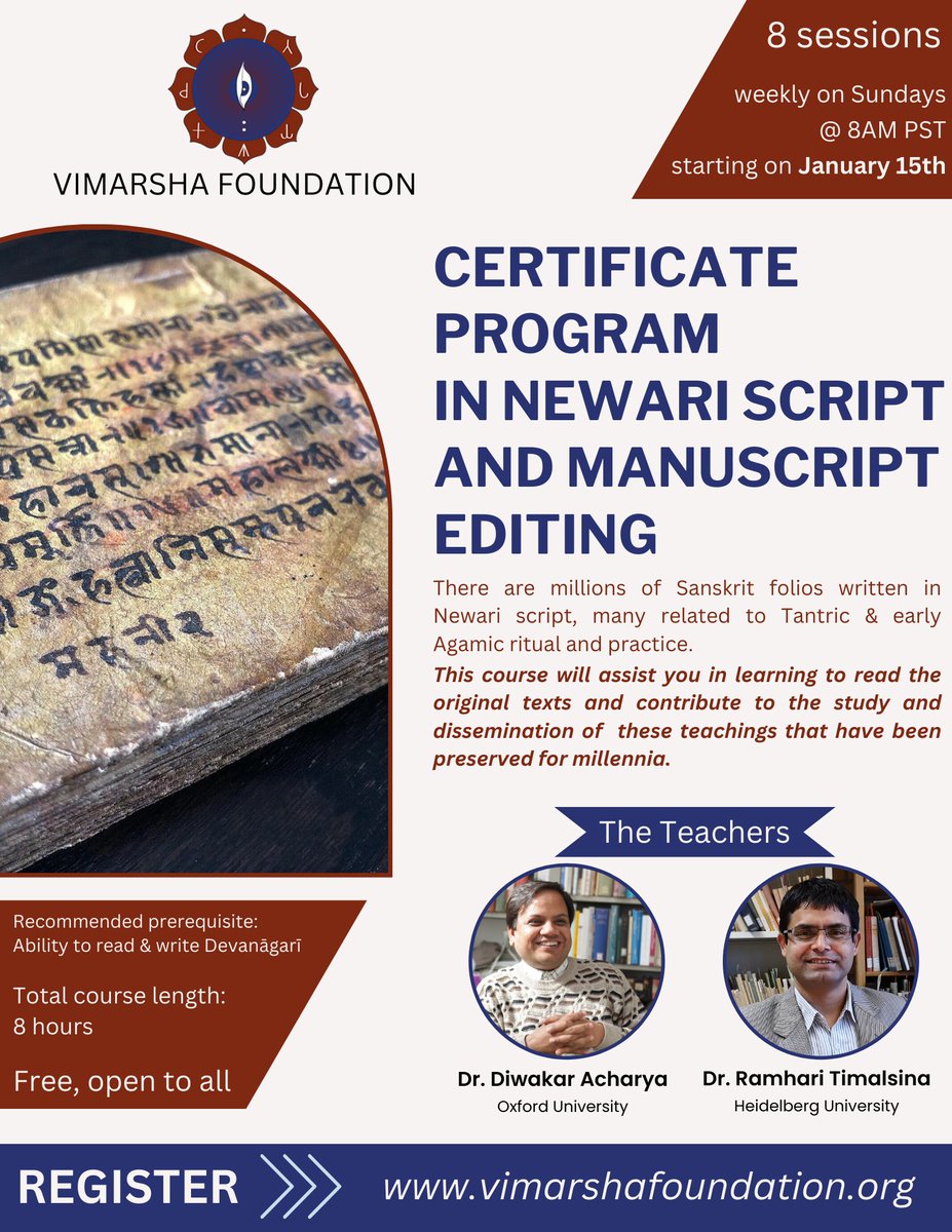 We are excited to announce that registration is now open for our latest free course offering: a Certificate Program in Newari Script and Manuscript Editing.
 
Learn more &amp; register at our website
vimarshafoundation.org
And share this flyer with friends and family!