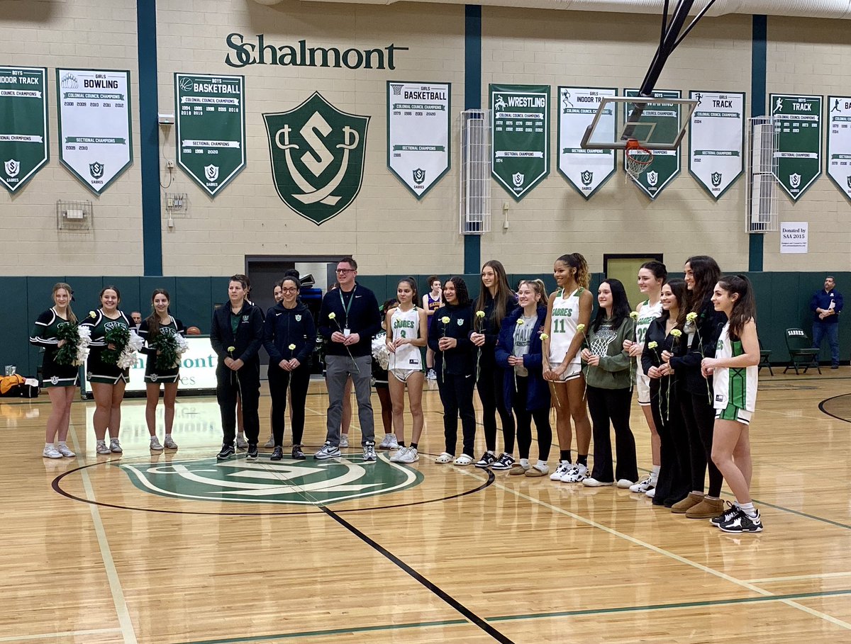 sabreprincipal's tweet photo. It was great to see our former student-athletes and their families at the banner ceremony for the 2022 Girls B-Ball State Champs. What a great group of young women. @schalmontsupt @SchalmontSabres @SchalmontCSD https://t.co/tEikOGaLZg
