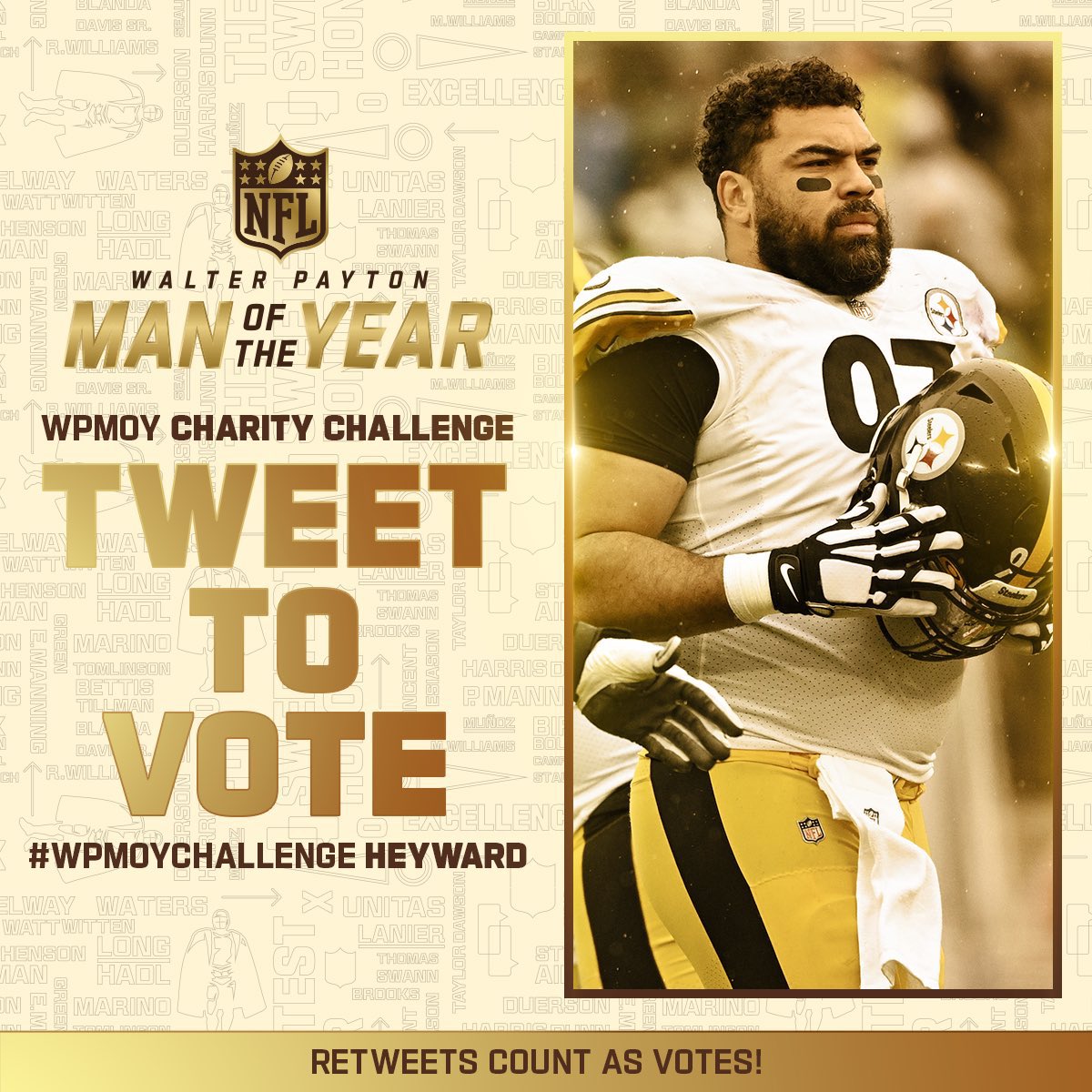 Keep tweeting &amp; RT’ng for <a href="/CamHeyward/">Cam Heyward</a> ! He’s slipped to 5th place so we have work to do! 
@CharHeyward | <a href="/steelers/">Pittsburgh Steelers</a> 

WPMOYChallenge  Heyward
#WPMOYChallenge  Heyward
#WPMOYChallenge  Heyward
#WPMOYChallenge  Heyward
#WPMOYChallenge  Heyward
#WPMOYChallenge  Heyward
