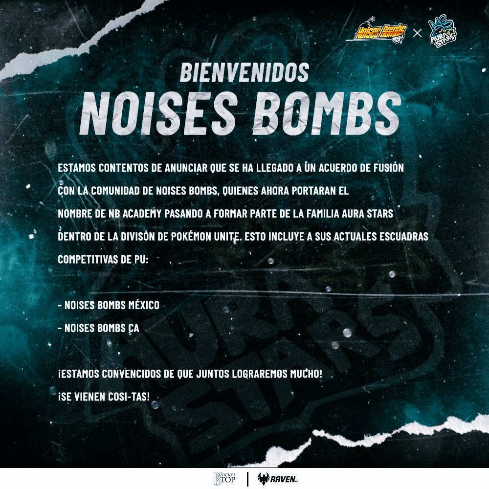 TeamAuraStars's tweet photo. ✨️COMUNICADO OFICIAL✨️

¡Una explosión de aura se avecina!Es hora de darle la bienvenida a @NoisesBombs quienes se integran como parte de nuestra división de #PokemonUNITE 🌠💣

¡Se vienen COSI-TAS!

#RevelaTuAura con @PocketStopMx  &amp; @RavenInkx https://t.co/kEgEtEycNH