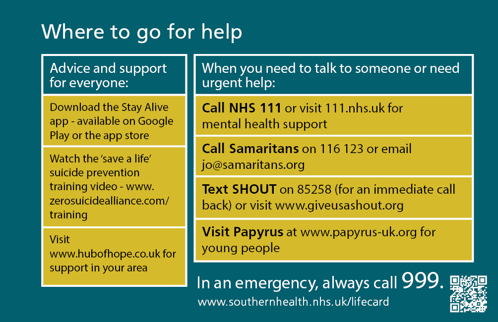HIOWH_NHSFT's tweet photo. If you or a loved one experience suicidal thoughts, do you know where to go for help?

Our ‘Life Cards’ signpost to key organisations offering support to people needing urgent help. More info here: https://t.co/9zpW9MBHLp https://t.co/6qGVlDm0H5