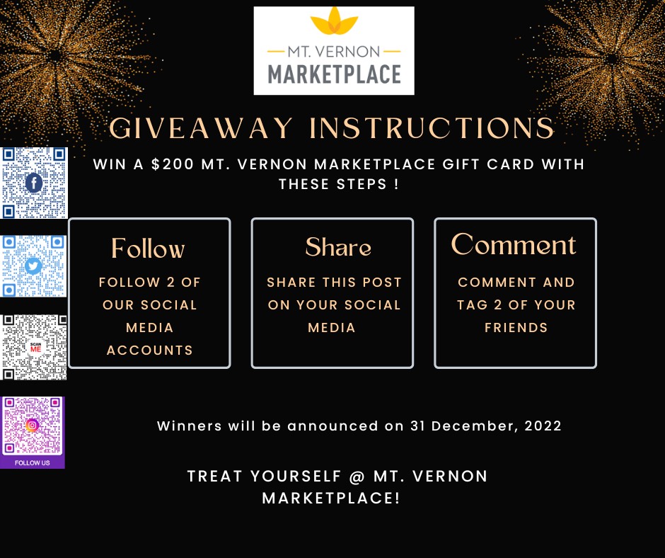 Don't Miss your chance to win a $200 Mt. Vernon Marketplace Gift card! Follow the instructions.

1) Follow 2 of our social media accounts

2) Share this post on your social media

3) Comment and Tag 2 of your friends