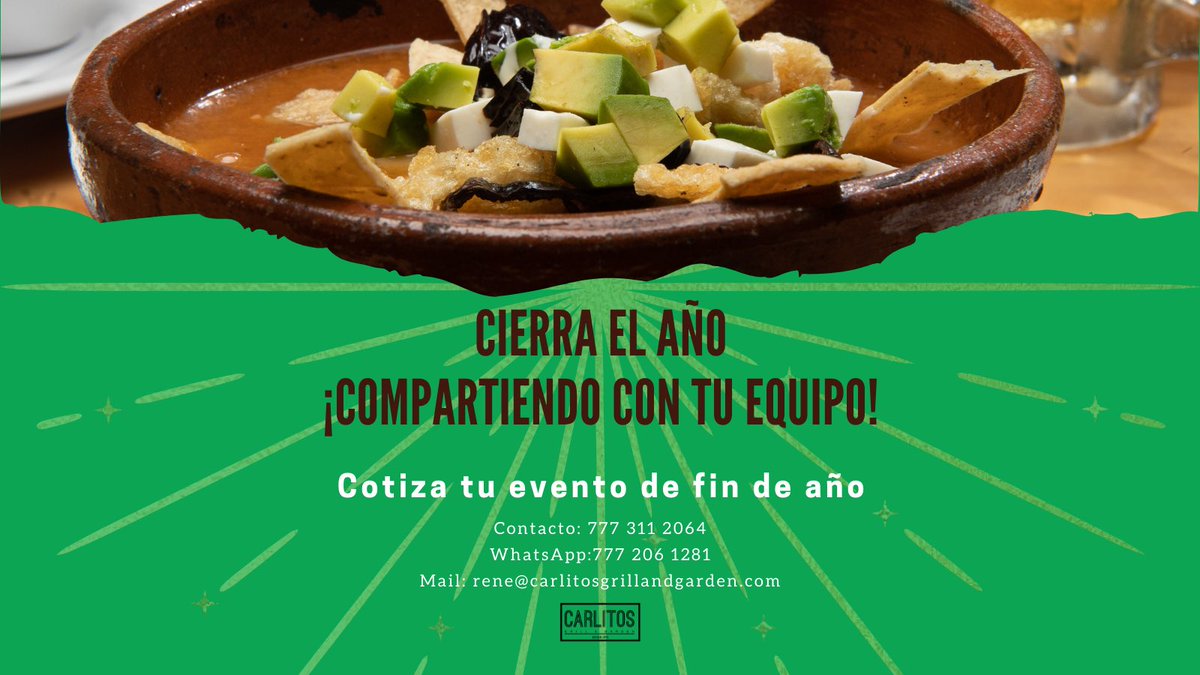 carlitoscuerna's tweet photo. El 2022 está por terminar 😱
Cierra en grande celebrando tu #EventodeFindeAño en Carlitos Grill &amp; Garden 😎

✅ Contacta a René, el te apoyará con toda la información que necesitas:
📞 777 311 2064
📲 777 206 1281
📧 rene@carlitosgrillandgarden.com https://t.co/a6j4hh5UgS