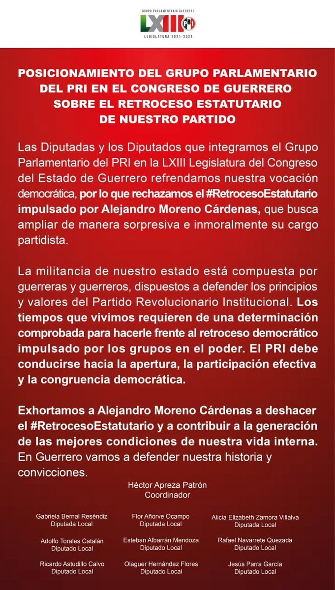 Se pronuncian Diputadas y Diputados del PRI en el <a href="/congresogro/">Congreso Guerrero</a> en contra del Retroceso Estatutario del <a href="/PRI_Nacional/">PRI</a>