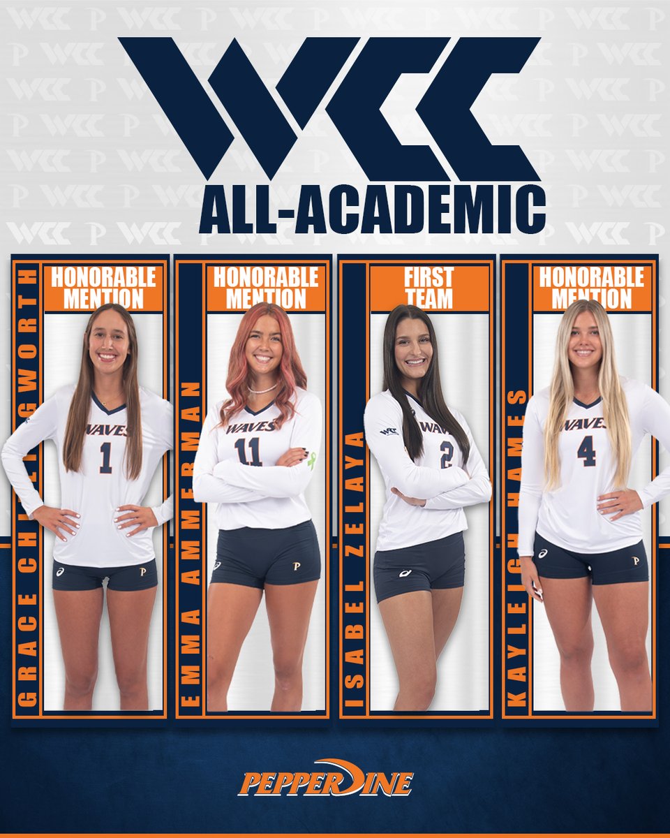 PepperdineWVB's tweet photo. WCC All-Academic teams have been released and four Waves earned recognition!

@Isazelaya9 highlighted with a first team acclaim, while @emmaammerman, @kayleighhames &amp; @gracenchill tabbed honorable mention nods!

#WavesUp https://t.co/rR2C10E0Hh