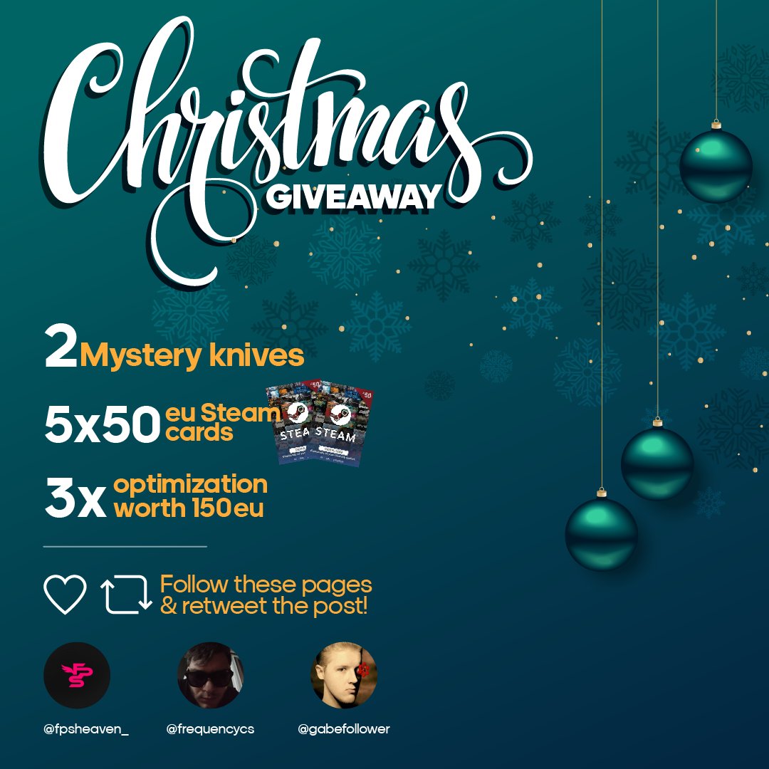 gabefollower's tweet image. BIG GIVEAWAY 🎅🎁

We desided to collaborate with Mr. Optimizer Guy and his new cool company!

• Steam Gift Card (€50) x5
• CS:GO knife x2
• PC optimization x3

1️⃣ Like &amp;amp; Retweet
2️⃣ Follow @gabefollower / @fpsheaven_ / @frequencycs

Winners will be picked after New Year 🏆