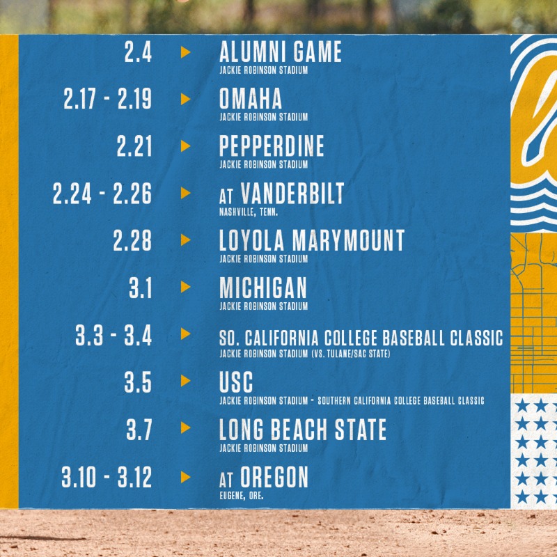 UCLABaseball's tweet photo. Our 2023 schedule has officially dropped 👇

🗓️ | https://t.co/q3jAXklzwv
 📝 | https://t.co/Hvafozf4dC
 🎟️ | https://t.co/lASlqLyq56

#GoBruins