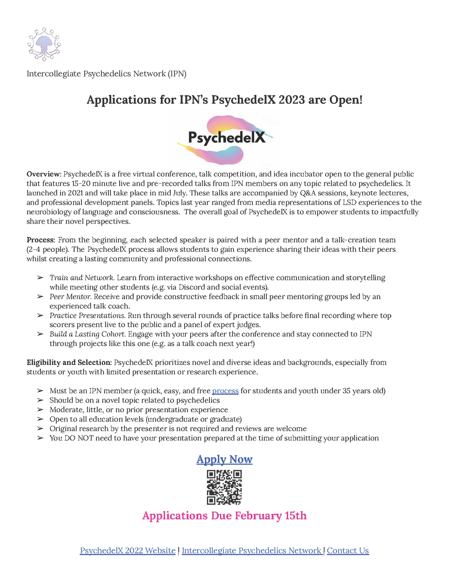 ipnpsychedelics's tweet photo. #PsychedelX2023 applications are now live on our website! Check out this flyer for more details. Please share with your peers/networks. We look forward to reading your #PsychedelX applications! https://t.co/mmrk9wUJEZ