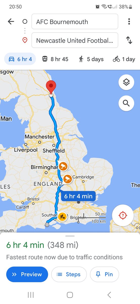 TripoftheWeek's tweet photo. Midweek trip of the week goes to #afcb Bournemouth fans, who made the 696 mile round trip to #nufc Newcastle tonight to see their side lose 1-0 in the league cup. Outstanding effort to those that travelled 👏👏⚽️ https://t.co/L7dgCdPyBQ