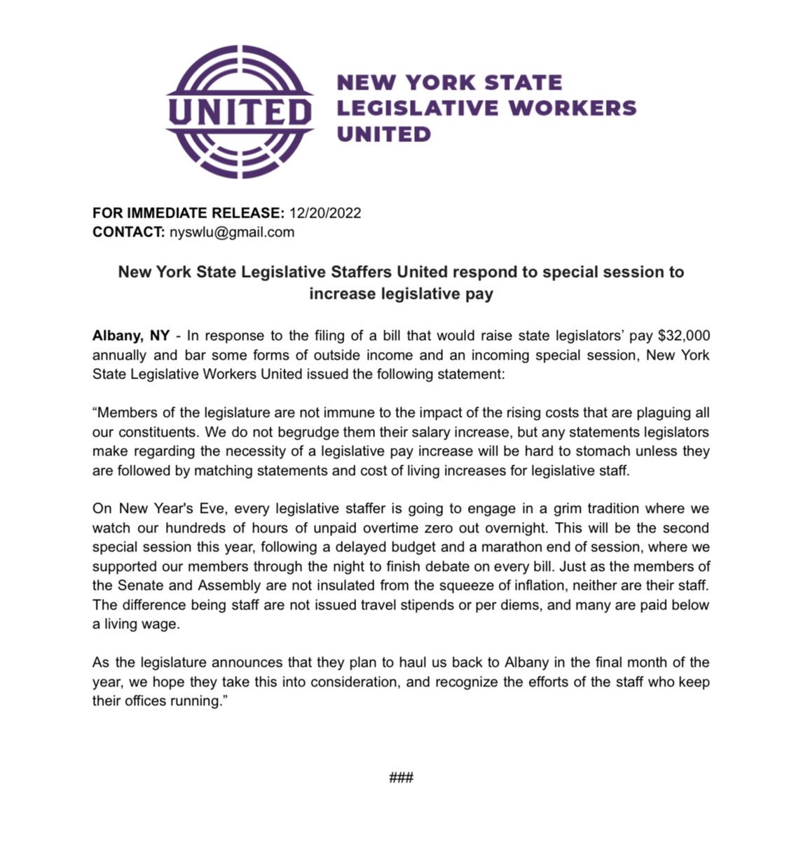 There are staffers among us who make $32k/year serving the people of New York. The marathon budget &amp; earlier special session have built up overtime hours that are never going to be paid out. This time, words of thanks are not enough. Our statement on Thursday’s special session ⤵️