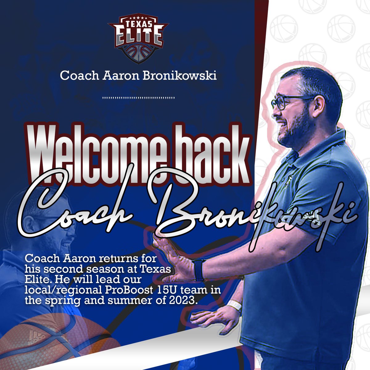 Coach AB will lead our local/regional ProBoost 15U team in the spring, summer of 2023. 

He is the former varsity assistant for the Austin High Lady Maroons Basketball team.

Coach @a_bronikowski has been coaching basketball at various levels for the past 16 years! #EliteOnThree