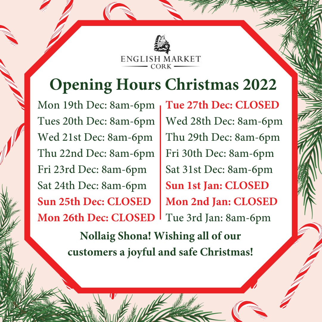 EnglishMarket's tweet photo. Happy St.Stephen's Day! We hope you had a great Christmas and enjoy your leftovers today! A quick reminder that we are CLOSED today and tomorrow 27th - but we will be back with you at 8am on Wednesday 28th December and look forward to welcoming you :) #SupportLocal #LoveCork https://t.co/iBCbsrjOYm