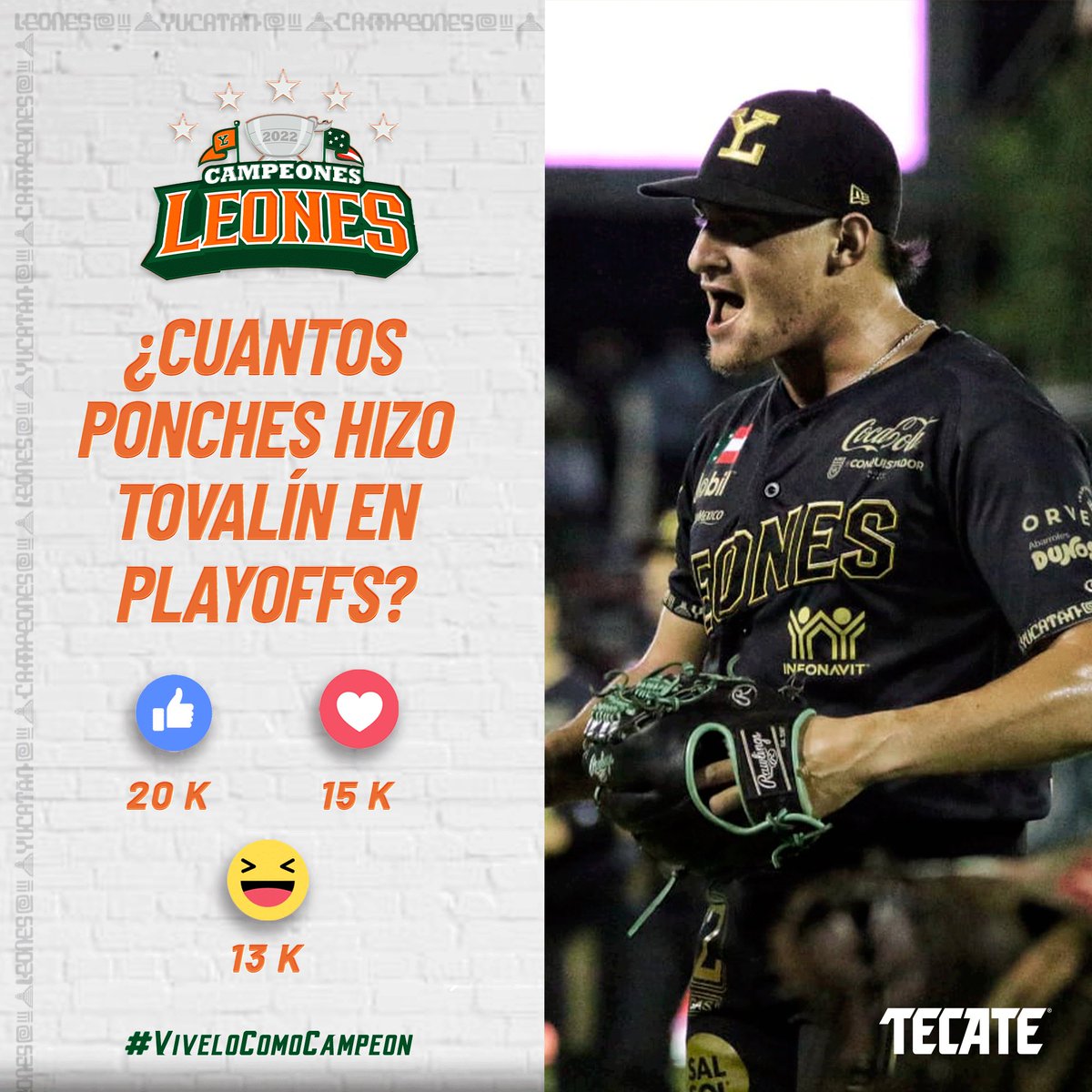 leonesdeyucatan's tweet photo. TRIVIA MELENUDA ¿SABES LA RESPUESTA?👀🤟
Por @CervezaTecate 

Nuestro melenudo Alex Tovalín tuvo una temporada de locura y durante los #PlayOffs fue uno de los lanzadores más efectivos ¿Puedes adivinar cuantos chocolates recetó? 

👍 20 ponches
❤️15 ponches
😆13 ponches 

#CLMB⭐ https://t.co/idkcFkWvHy