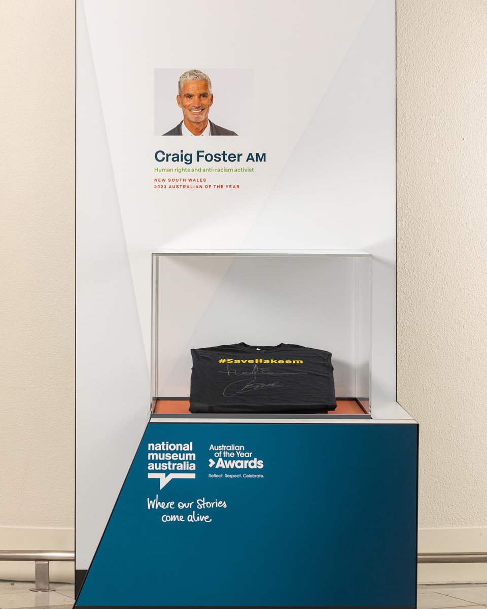 Craig_Foster's tweet photo. State &amp; Territory @ausoftheyear recipients donated an item to @nma that speaks to their work.

The #SaveHakeem shirt highlights the courage of people like Hakeem who speak out against tyranny, the risk they face &amp; the responsibility we all have to help promote human rights. https://t.co/WZSae3i7SC