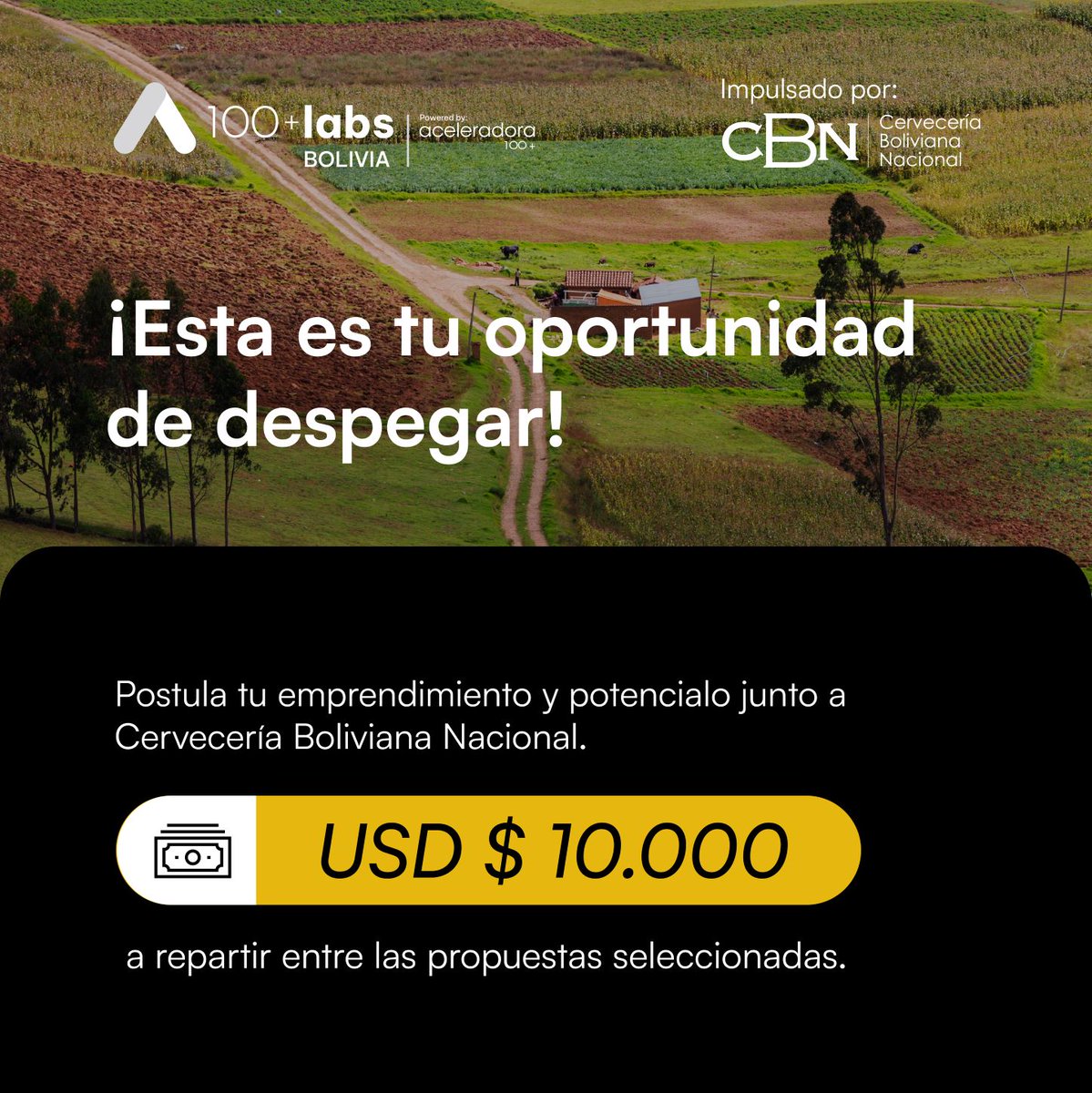 Estos son los incentivos para quienes postulen a 100+ BOL

💵 USD$10.000  a repartir entre los ganadores

🏅 Las propuestas finalistas optarán a una posible incorporación como proveedores de CBN, pilotaje exitoso y un Business Case atractivo.

Postula en 
comunidad.socialab.com/challenges/100…