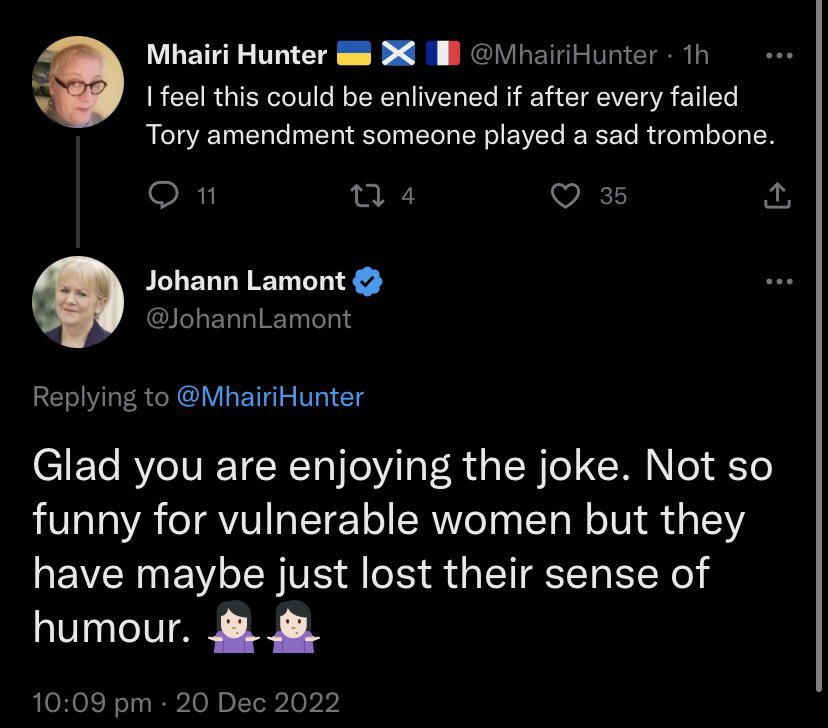 Probably one of the most delicious burns I’ve ever seen on twitter @JohannLamont is a Queen 🔥🔥🔥#WomensRightsAreHumanRights #WomenWontWeesht