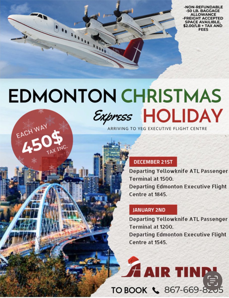 ***PLEASE SHARE with any #Yellowknife folk trying to fly out of #YZF including passengers who may have had their flights canceled today to #YVR or #YYC. 

Air Tindi still has seats available to #YEG tomorrow Dec 21 on their scheduled charter flight. Call reservations right away!